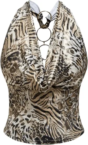 MakeMeChic Women's Cheetah Zebra Striped Draped Ring Linked Backless Y2K Camisole Tank Tops