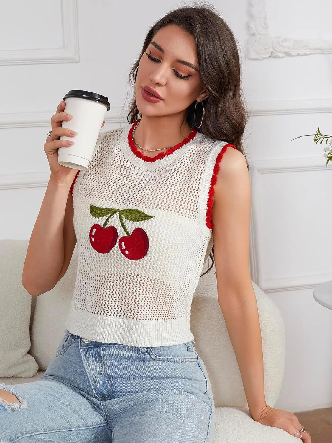 MakeMeChic Women's Cherry Embroidery Sweater Vest Crochet Sheer Crew Neck Sleeveless Crop Tops