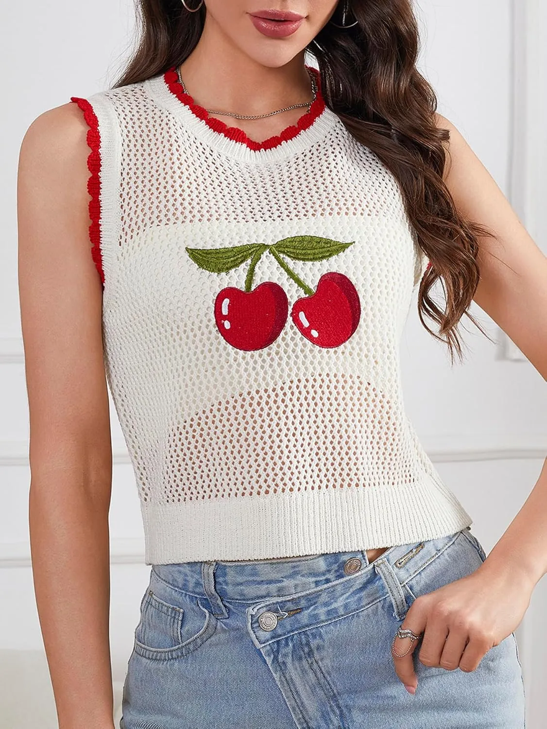 MakeMeChic Women's Cherry Embroidery Sweater Vest Crochet Sheer Crew Neck Sleeveless Crop Tops