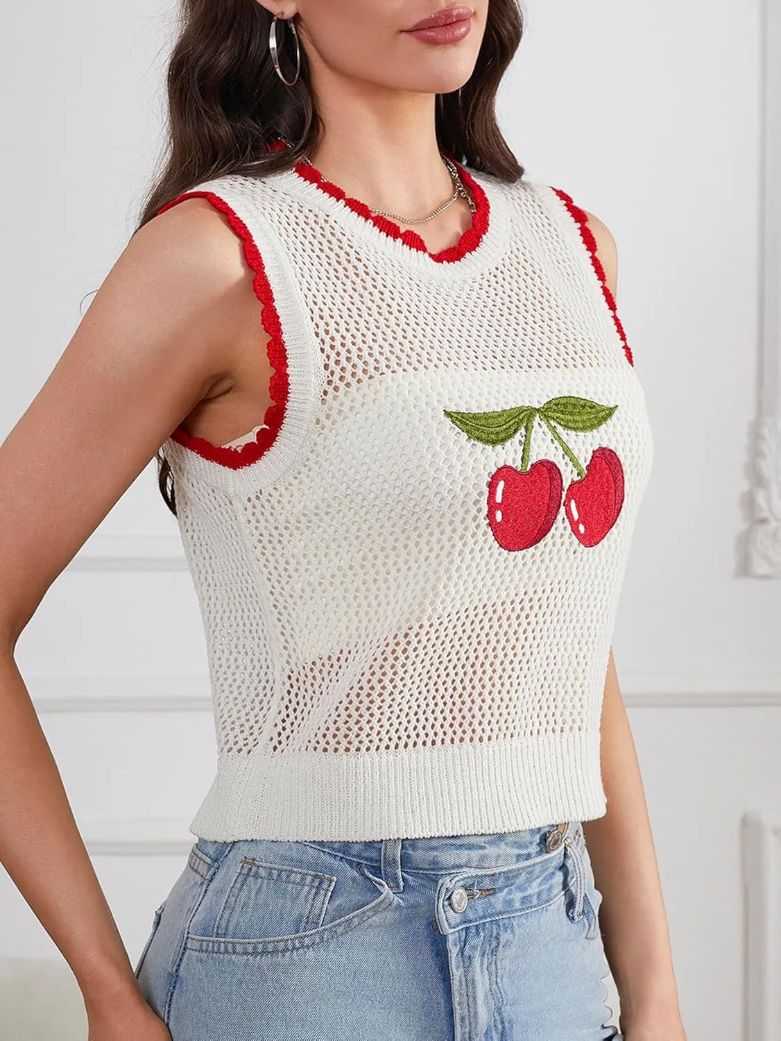 MakeMeChic Women's Cherry Embroidery Sweater Vest Crochet Sheer Crew Neck Sleeveless Crop Tops