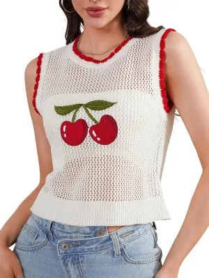 MakeMeChic Women's Cherry Embroidery Sweater Vest Crochet Sheer Crew Neck Sleeveless Crop Tops