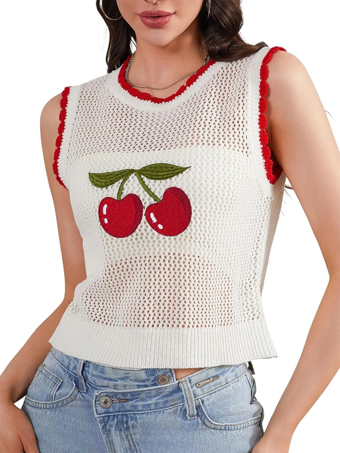MakeMeChic Women's Cherry Embroidery Sweater Vest Crochet Sheer Crew Neck Sleeveless Crop Tops