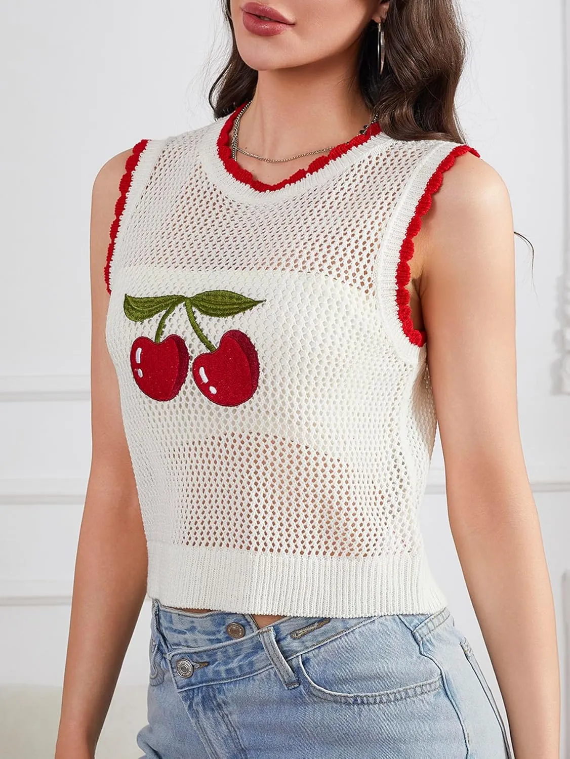 MakeMeChic Women's Cherry Embroidery Sweater Vest Crochet Sheer Crew Neck Sleeveless Crop Tops