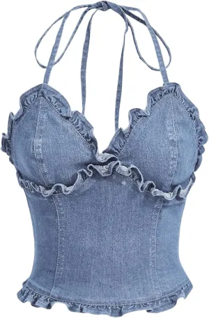 MakeMeChic Women's Denim Top Halter V Neck Tie Back Frill Trim Shirred Y2K Tops