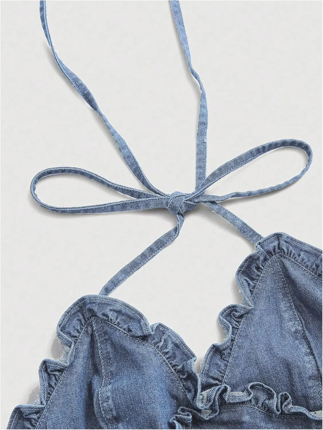MakeMeChic Women's Denim Top Halter V Neck Tie Back Frill Trim Shirred Y2K Tops