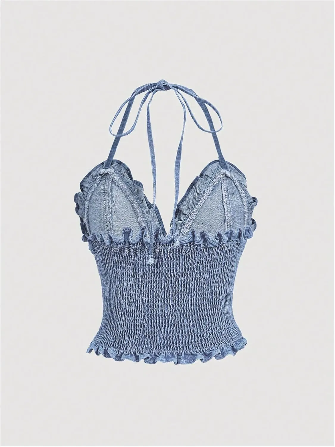 MakeMeChic Women's Denim Top Halter V Neck Tie Back Frill Trim Shirred Y2K Tops