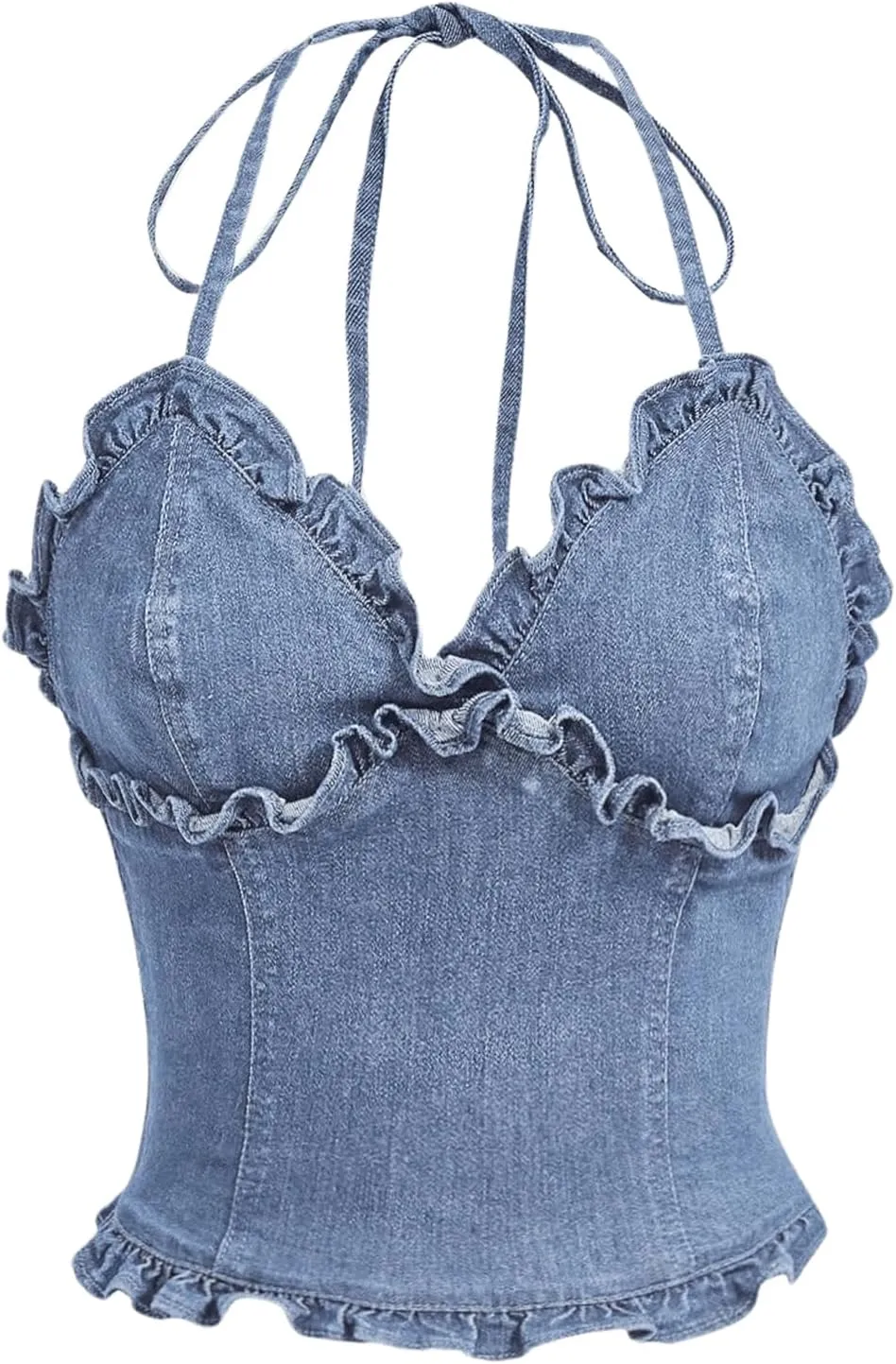 MakeMeChic Women's Denim Top Halter V Neck Tie Back Frill Trim Shirred Y2K Tops