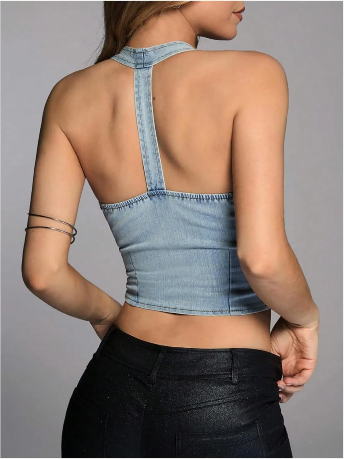 MakeMeChic Women's Sleeveless Asymmetrical Backless Button Down Halter Denim Vest Crop Tops