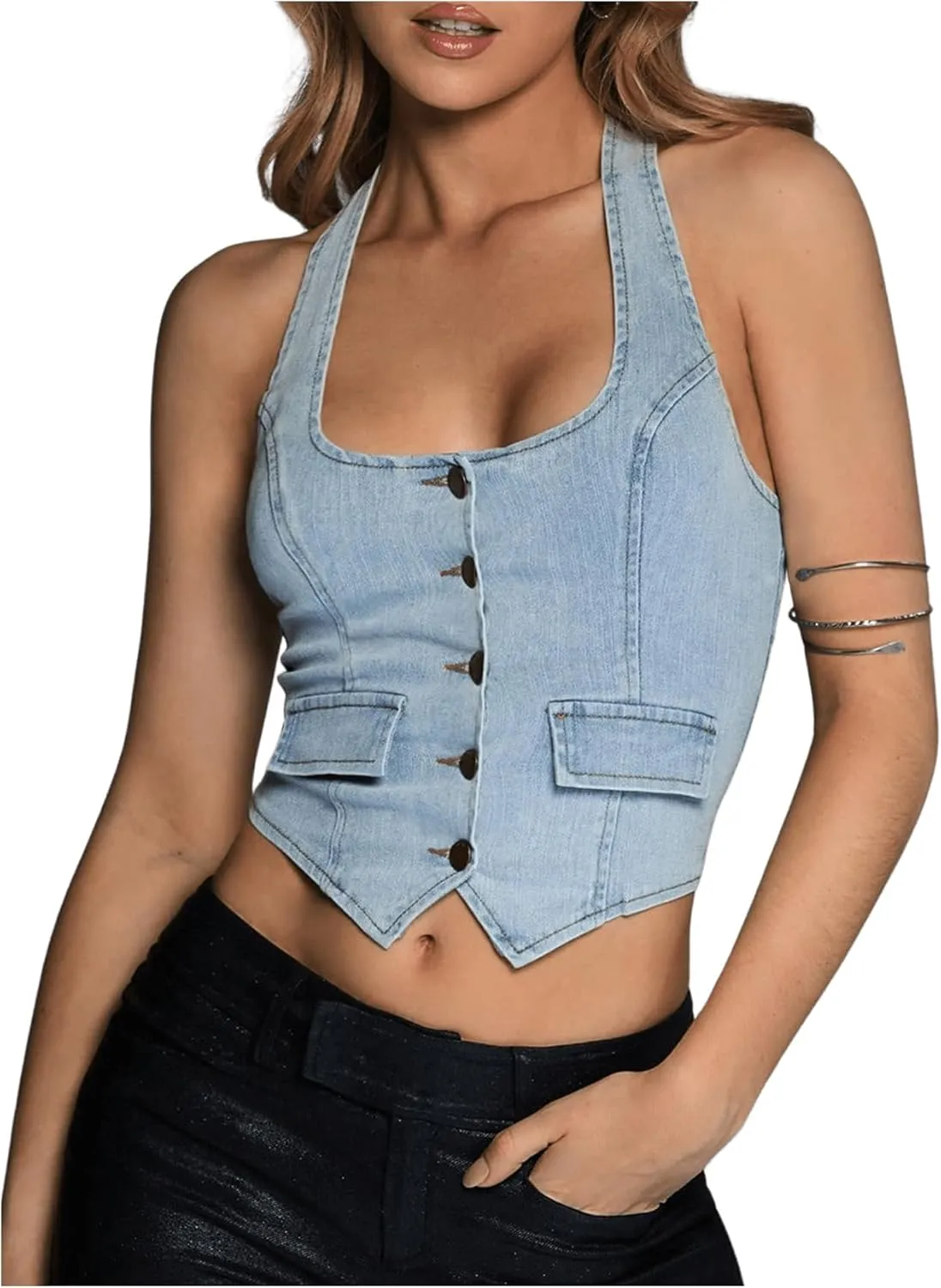 MakeMeChic Women's Sleeveless Asymmetrical Backless Button Down Halter Denim Vest Crop Tops