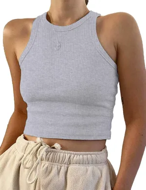 Meladyan Women's Round Neck Basic Racerback Camisole Rib-Knit Solid Sleeveless Crop Tank Tops