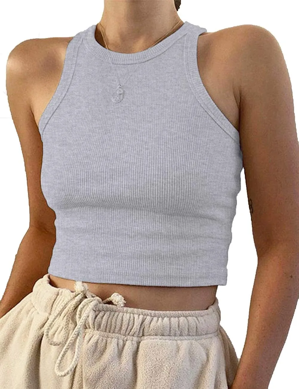 Meladyan Women's Round Neck Basic Racerback Camisole Rib-Knit Solid Sleeveless Crop Tank Tops