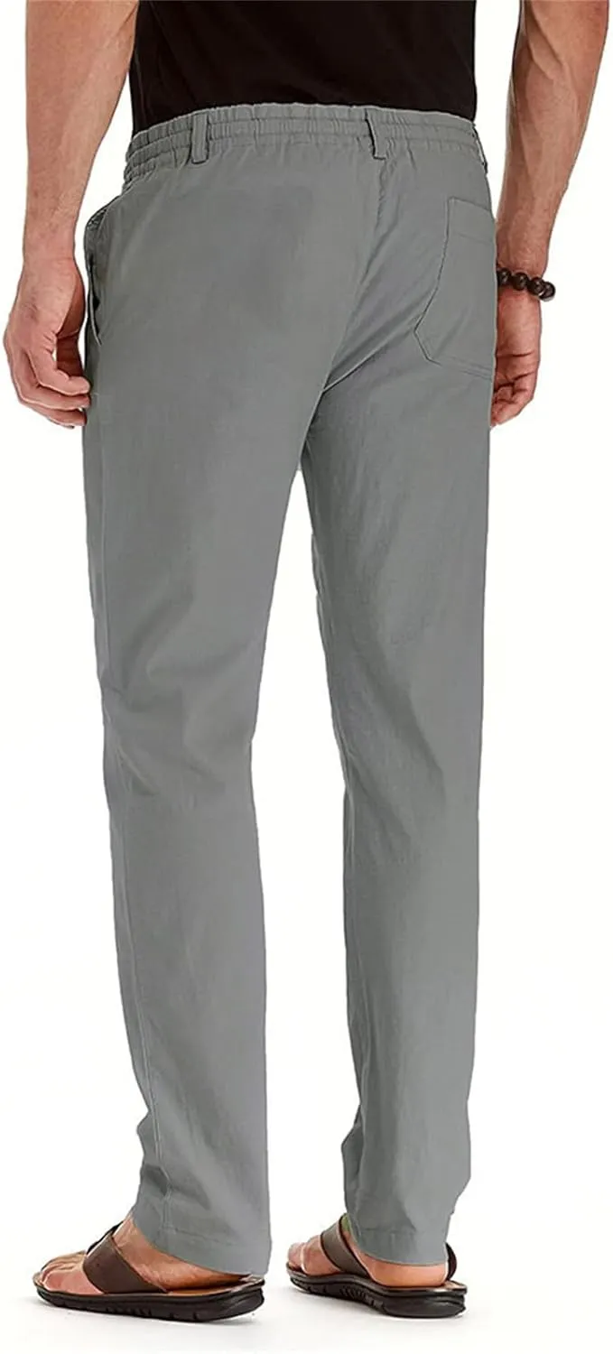 Men's Elastic Drawstring Waist Linen Pants Casual Lightweight Straight Leg Loose Fit Trousers for Beach Yoga Fall Wear