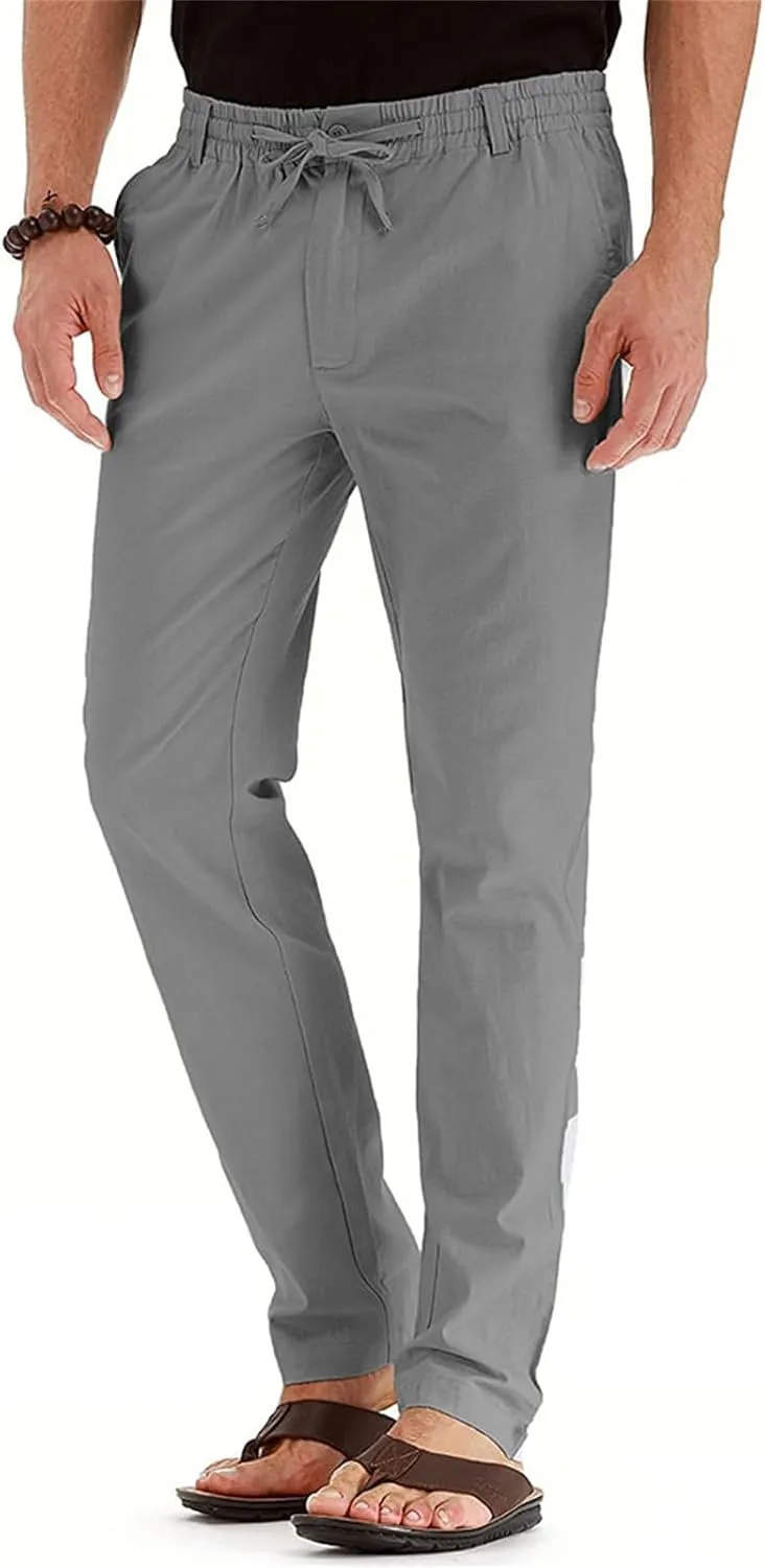Men's Elastic Drawstring Waist Linen Pants Casual Lightweight Straight Leg Loose Fit Trousers for Beach Yoga Fall Wear