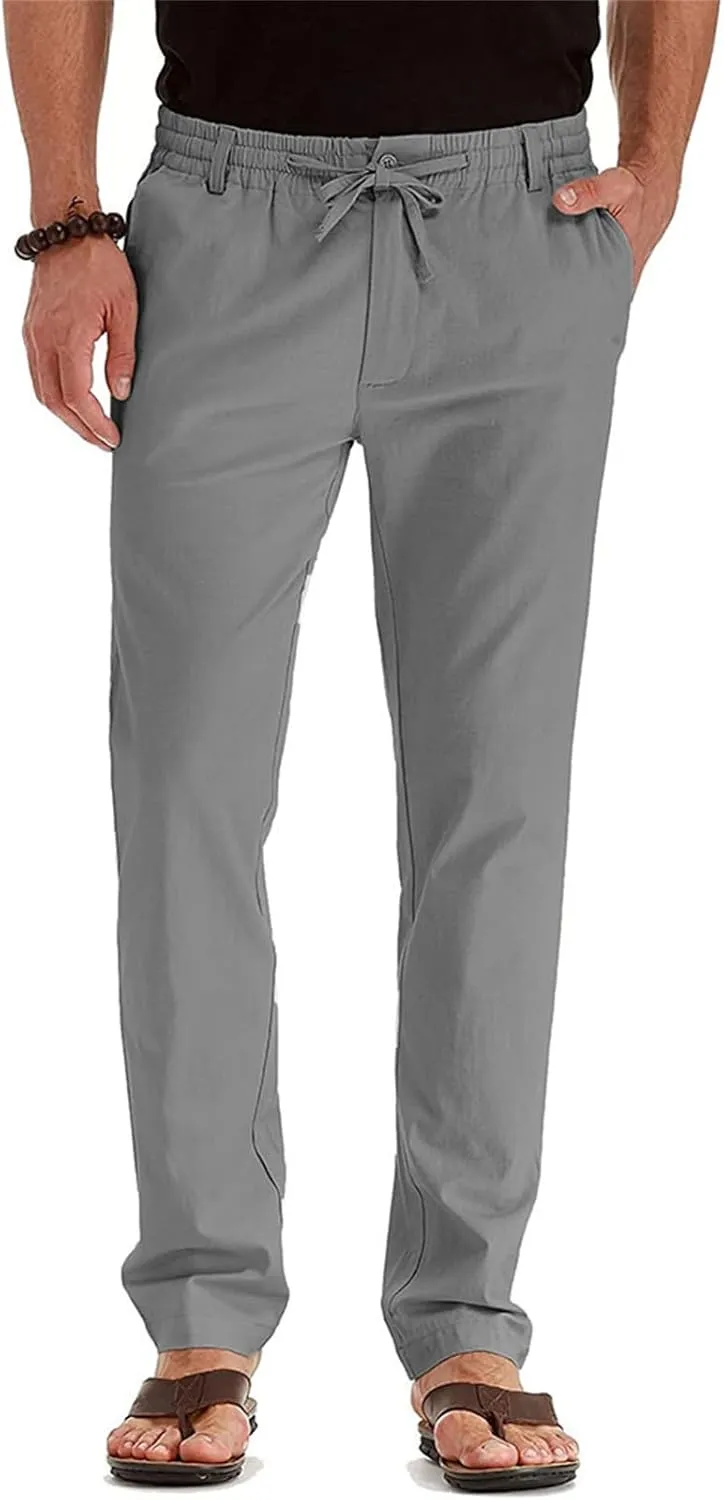 Men's Elastic Drawstring Waist Linen Pants Casual Lightweight Straight Leg Loose Fit Trousers for Beach Yoga Fall Wear