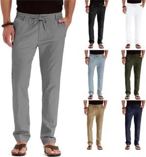 Men's Elastic Drawstring Waist Linen Pants Casual Lightweight Straight Leg Loose Fit Trousers for Beach Yoga Fall Wear