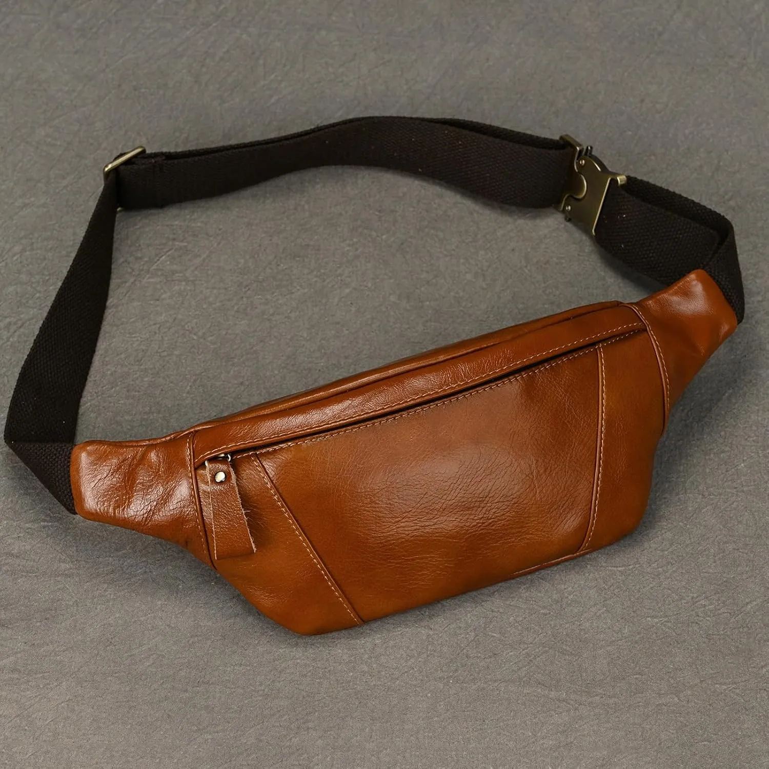 Men's Leather Waist Bag Multiple Pockets Slim Fanny Pack Adjustable Belt bag for Outdoor Running Hiking and Travel (Light Brown)