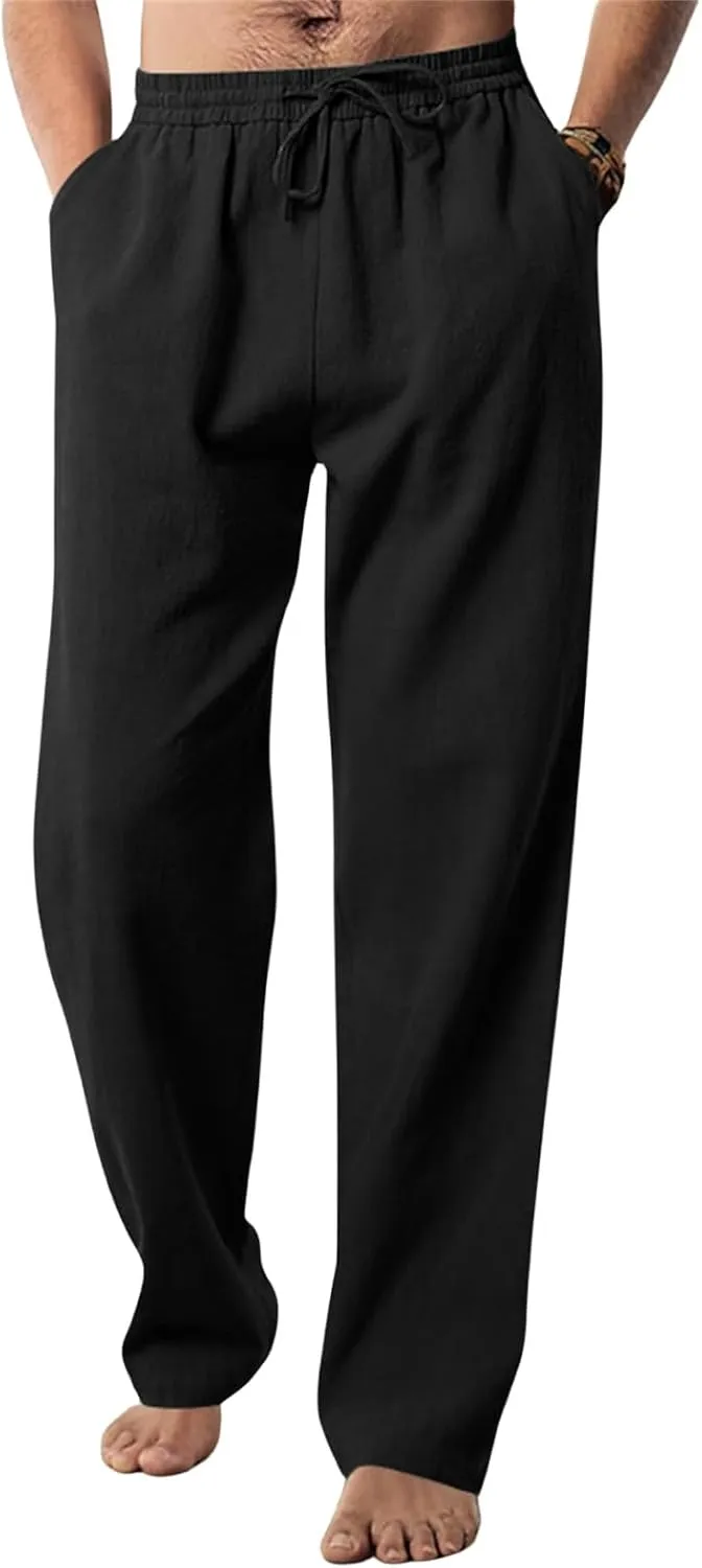 Men's Linen Pants Drawstring Elastic Waist for Yoga Beach Casual Wear Lightweight Loose Fit for Warm Weather