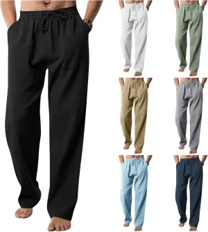 Men's Linen Pants Drawstring Elastic Waist for Yoga Beach Casual Wear Lightweight Loose Fit for Warm Weather