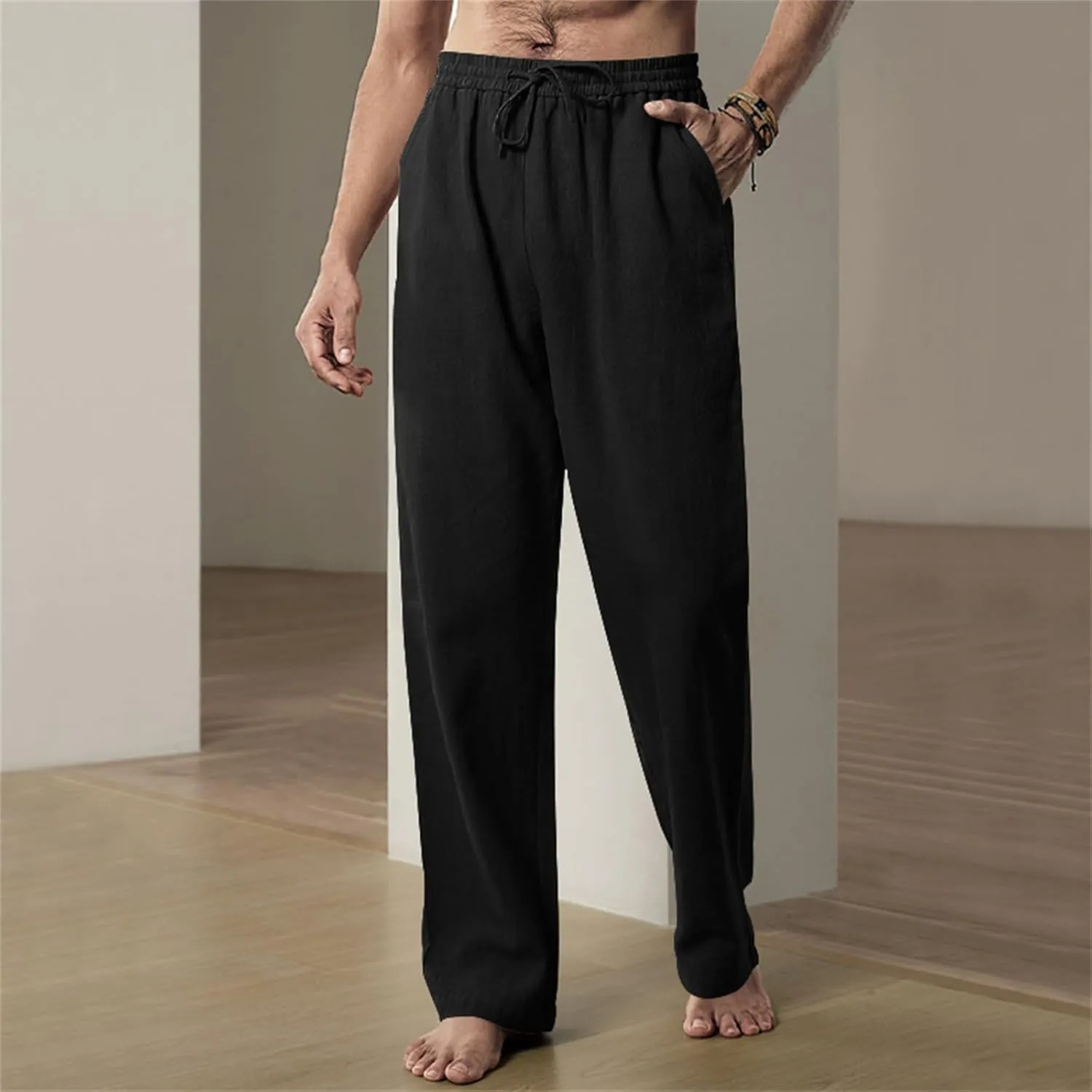 Men's Linen Pants Drawstring Elastic Waist for Yoga Beach Casual Wear Lightweight Loose Fit for Warm Weather