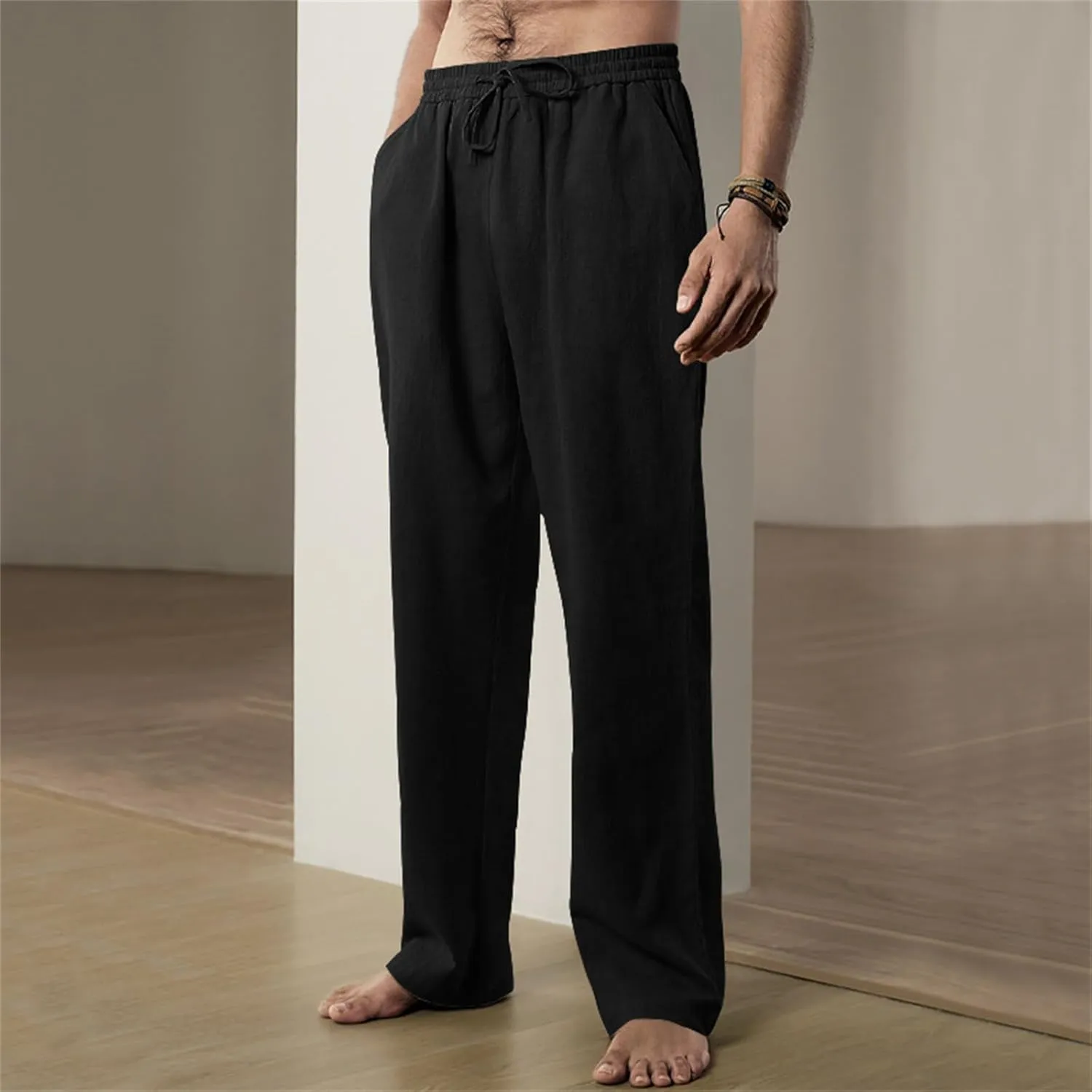 Men's Linen Pants Drawstring Elastic Waist for Yoga Beach Casual Wear Lightweight Loose Fit for Warm Weather