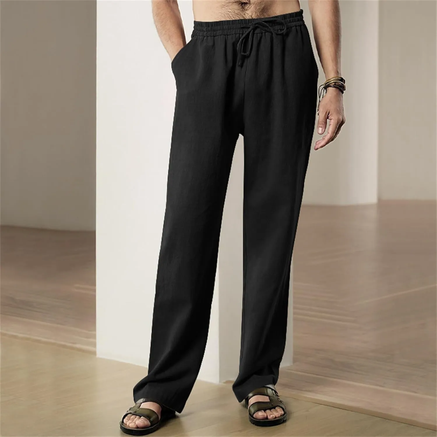 Men's Linen Pants Drawstring Elastic Waist for Yoga Beach Casual Wear Lightweight Loose Fit for Warm Weather