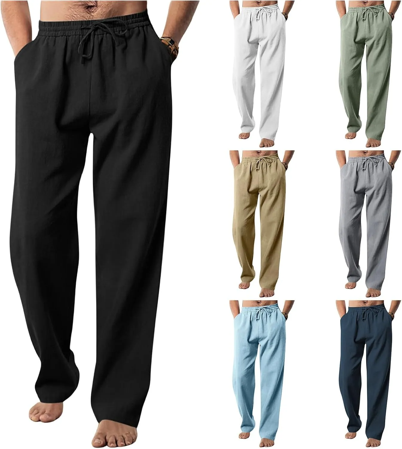 Men's Linen Pants Drawstring Elastic Waist for Yoga Beach Casual Wear Lightweight Loose Fit for Warm Weather