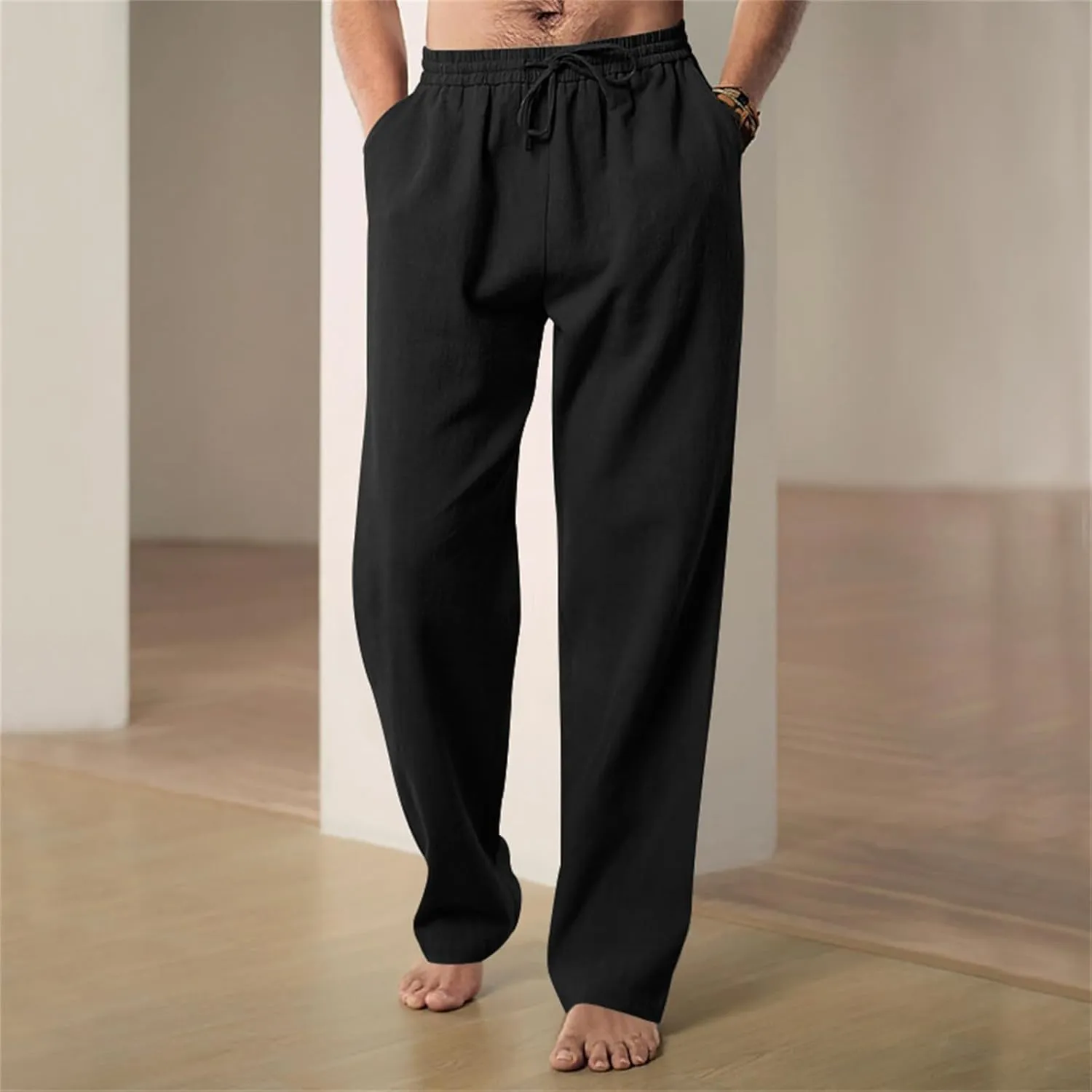 Men's Linen Pants Drawstring Elastic Waist for Yoga Beach Casual Wear Lightweight Loose Fit for Warm Weather