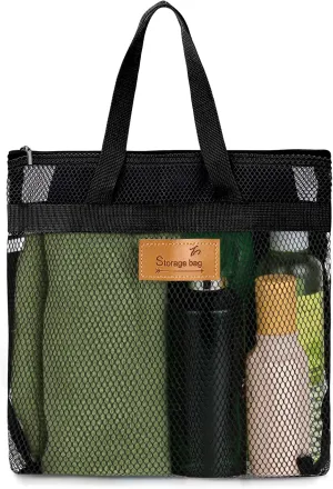 Mesh Shower Caddy Bag, Portable Gym Shower Bag, Quick Dry Hanging Toiletry and Bath Organizer with Zipper for College Dorm, Gym, Yoga, Swimming Pool, Travel(Black)