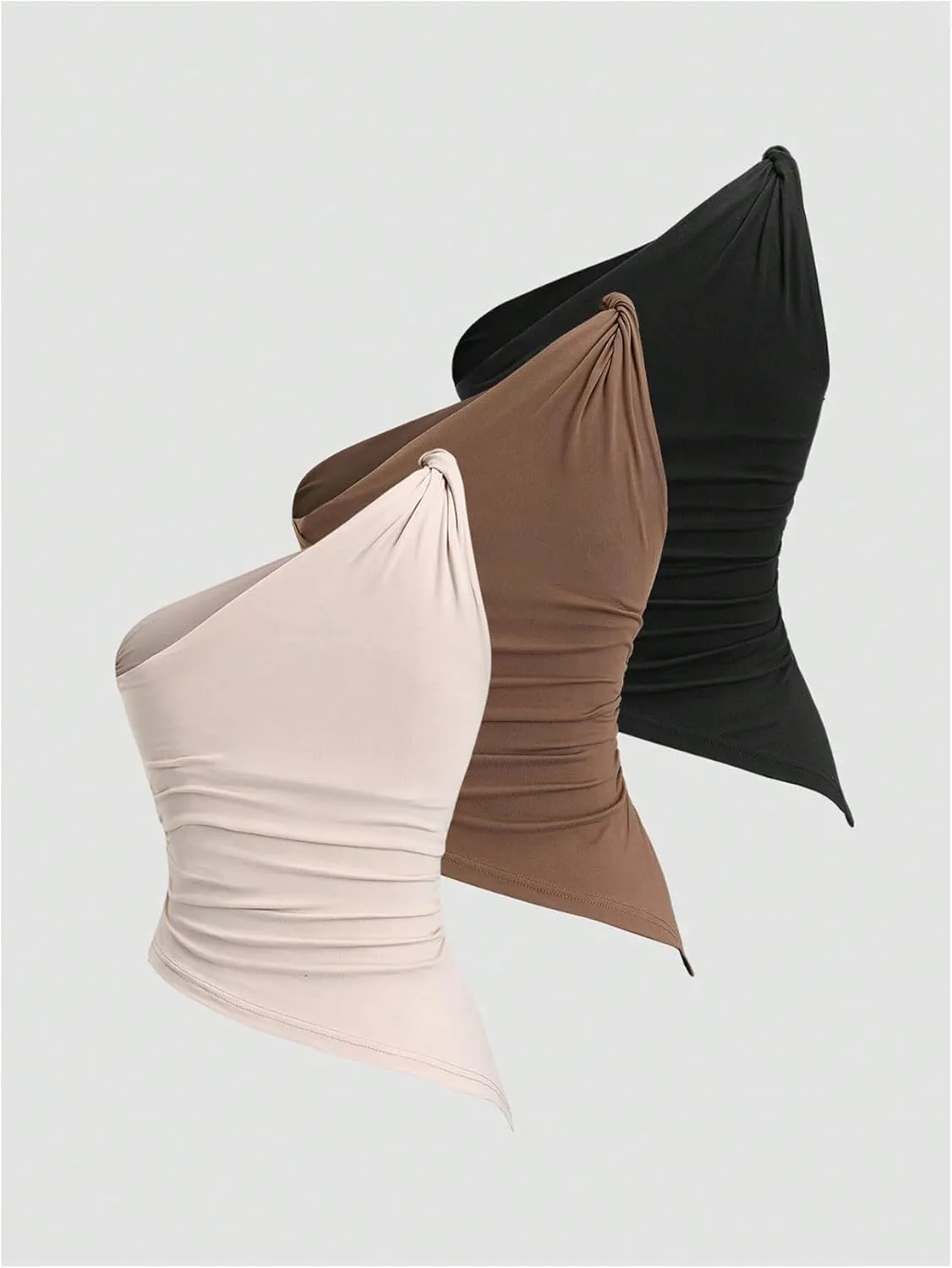 Milumia Women's 3 Pack One Shoulder Twisted Tank Top Asymmetrical Ruched Casual Tops