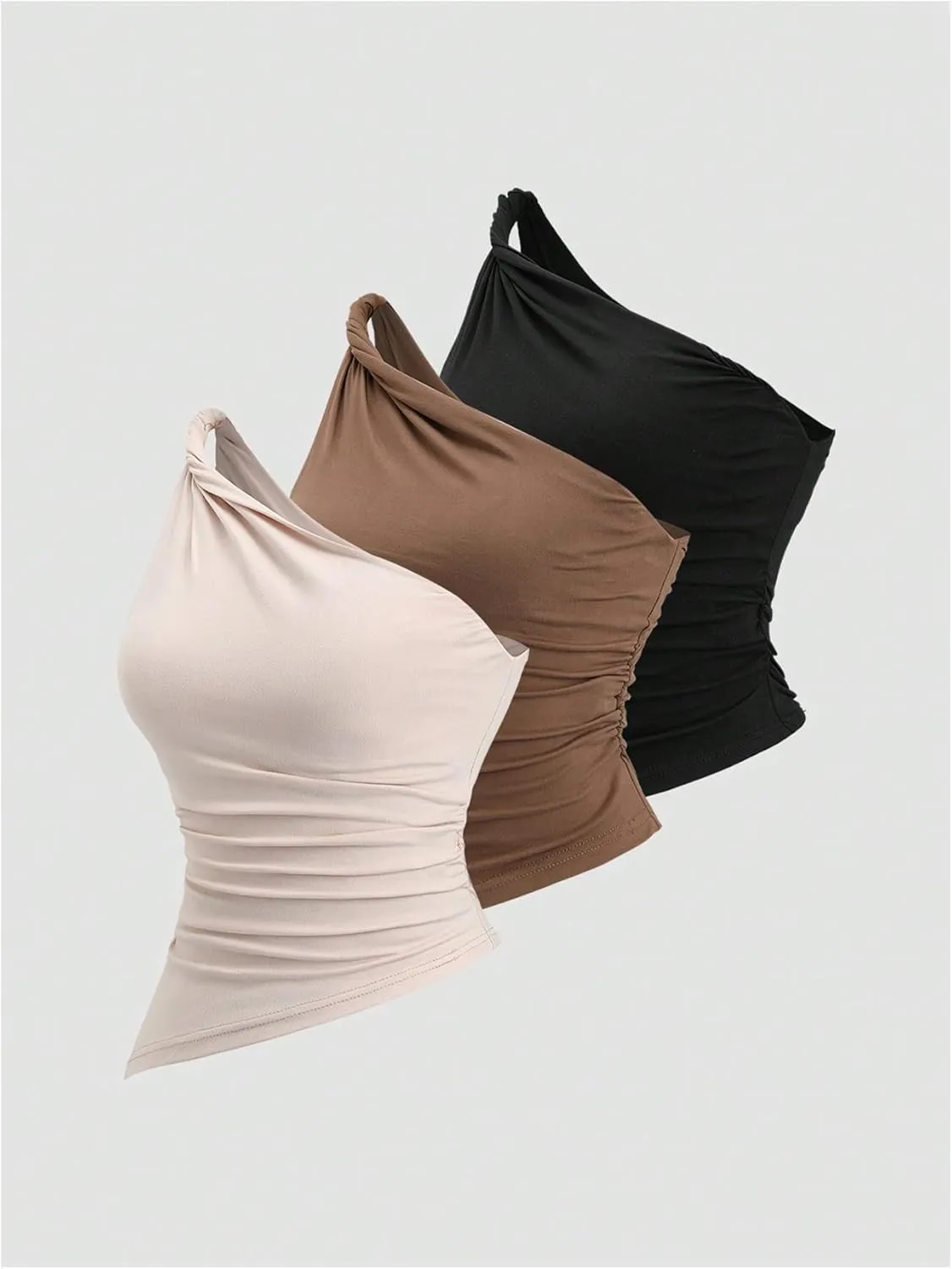 Milumia Women's 3 Pack One Shoulder Twisted Tank Top Asymmetrical Ruched Casual Tops