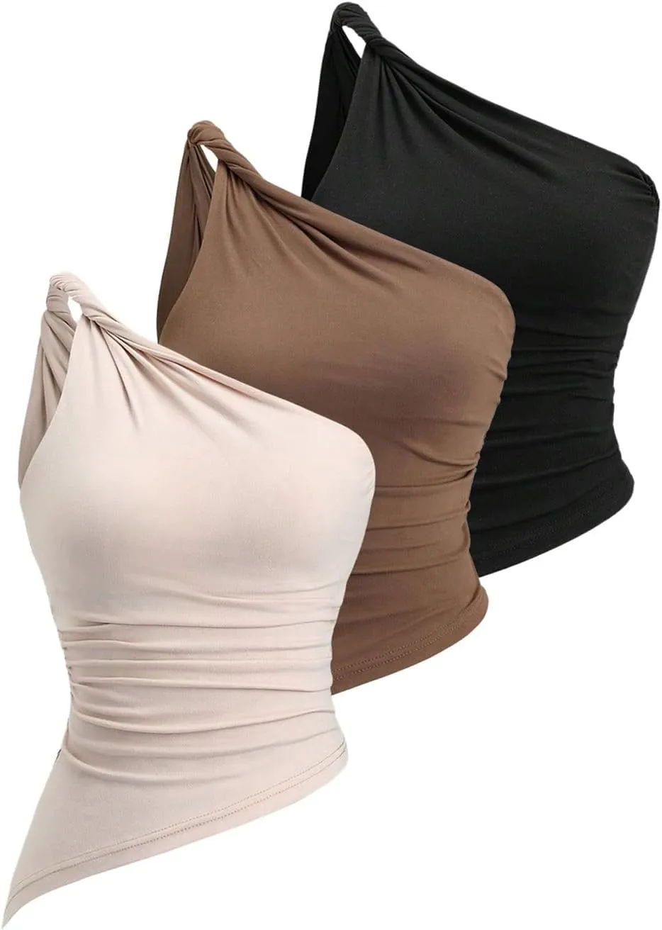 Milumia Women's 3 Pack One Shoulder Twisted Tank Top Asymmetrical Ruched Casual Tops