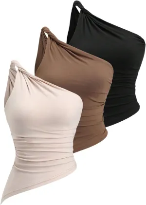 Milumia Women's 3 Pack One Shoulder Twisted Tank Top Asymmetrical Ruched Casual Tops