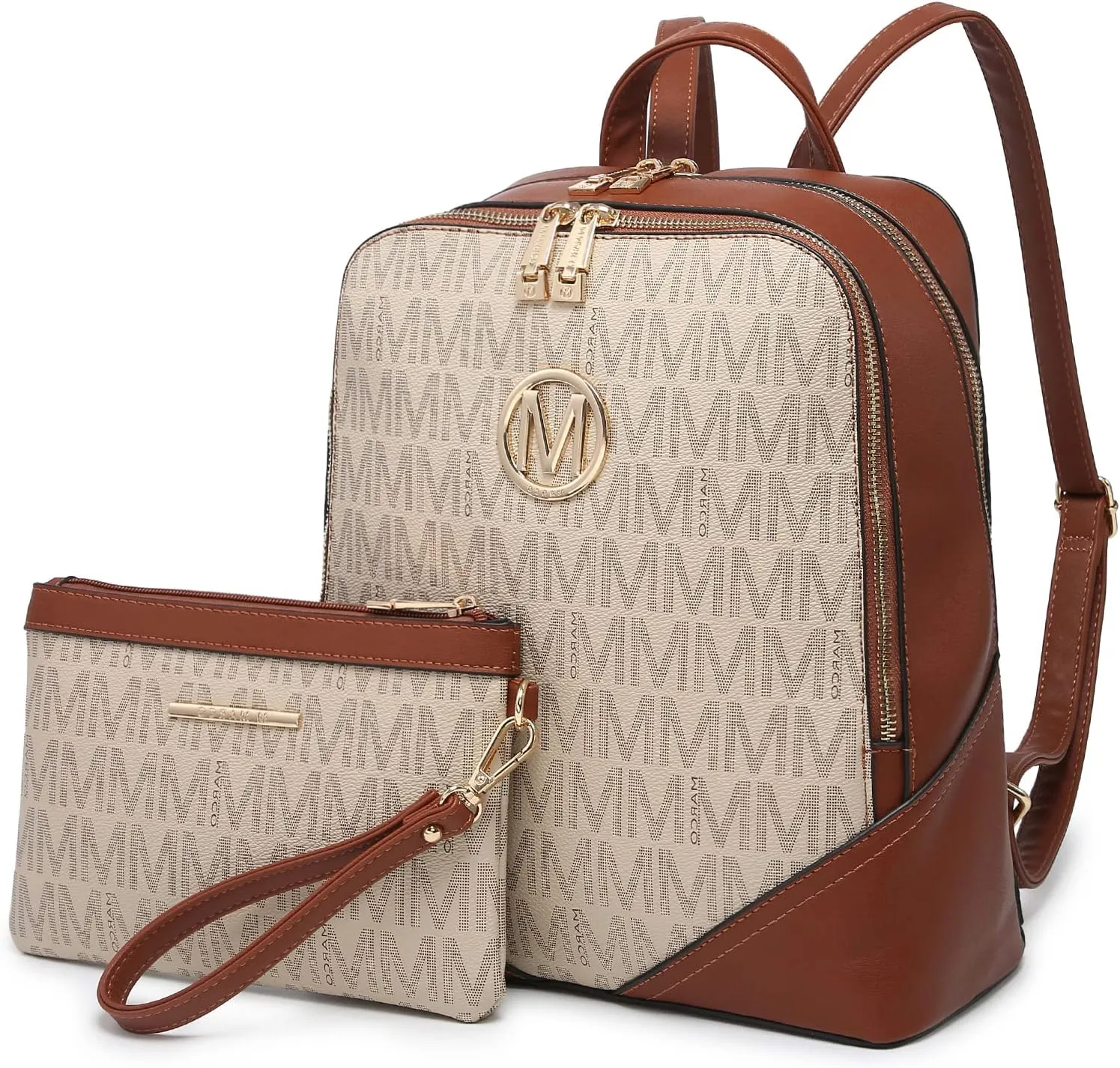 MKP Women's Fashion Medium Backpack Purse Set - 2Pcs PU Leather Shoulder Bag with Double Zipper for Travel and Daily Use