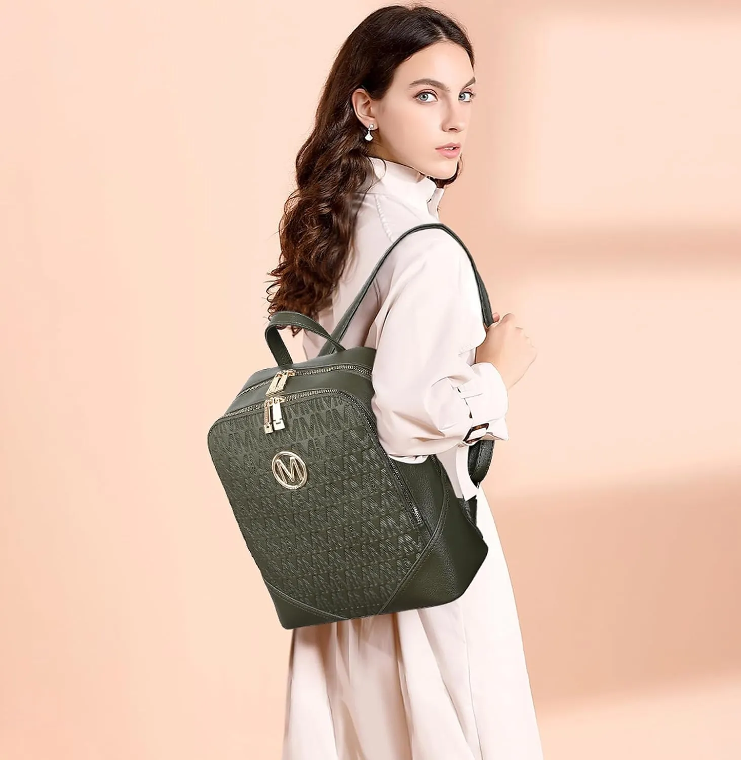 MKP Women's Fashion Medium Backpack Purse Set - 2Pcs PU Leather Shoulder Bag with Double Zipper for Travel and Daily Use