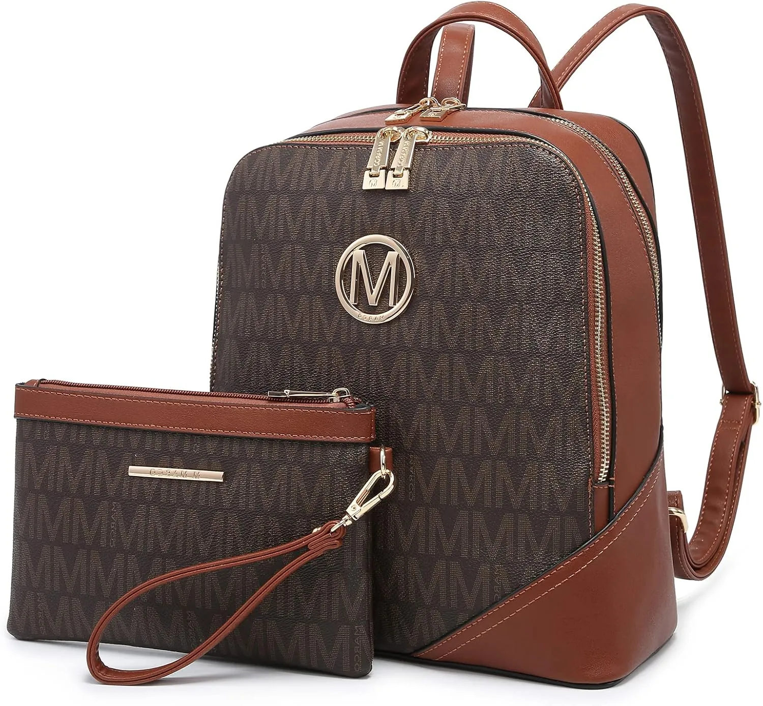 MKP Women's Fashion Medium Backpack Purse Set - 2Pcs PU Leather Shoulder Bag with Double Zipper for Travel and Daily Use