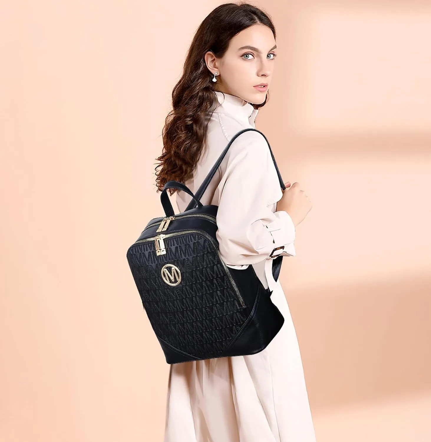 MKP Women's Fashion Medium Backpack Purse Set - 2Pcs PU Leather Shoulder Bag with Double Zipper for Travel and Daily Use