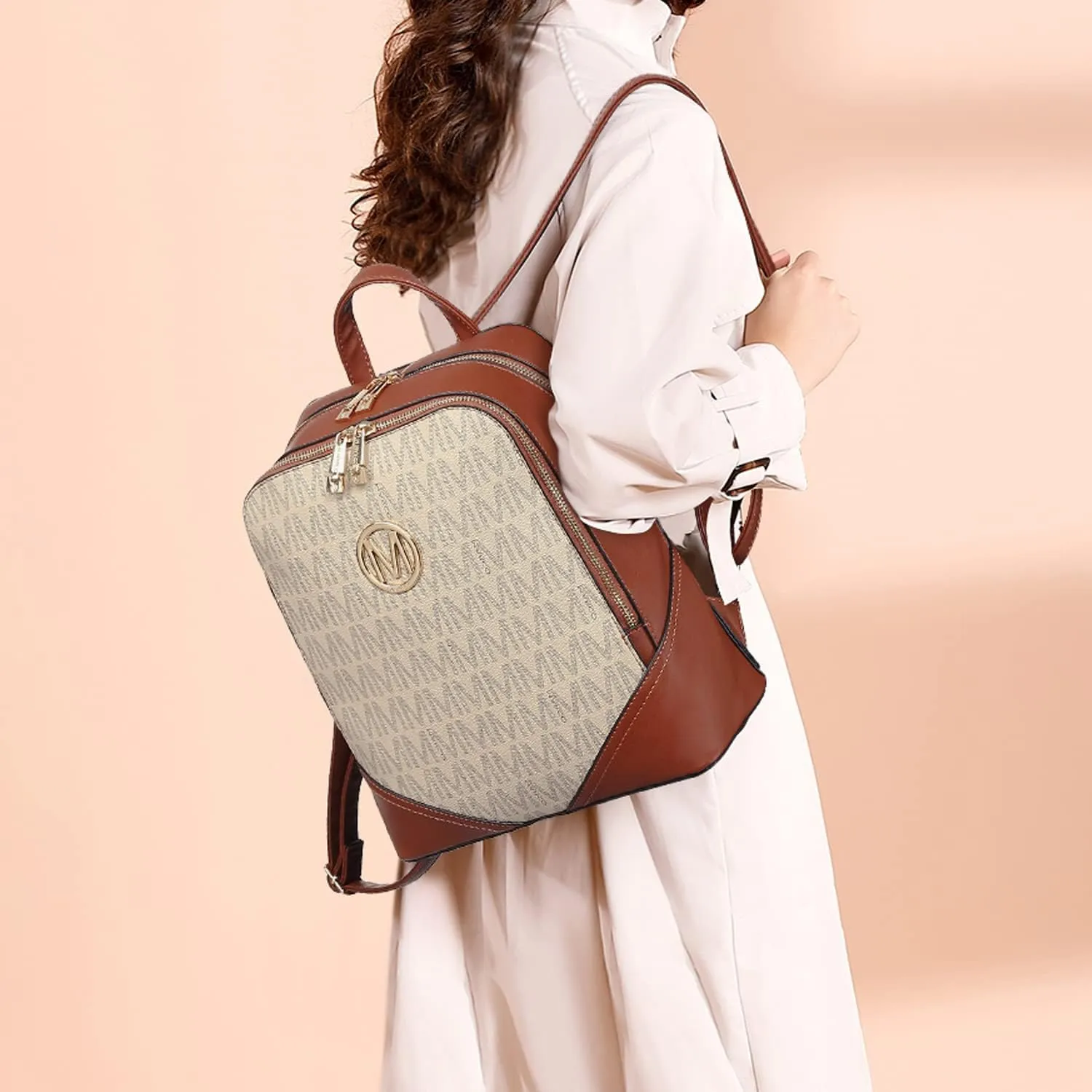MKP Women's Fashion Medium Backpack Purse Set - 2Pcs PU Leather Shoulder Bag with Double Zipper for Travel and Daily Use
