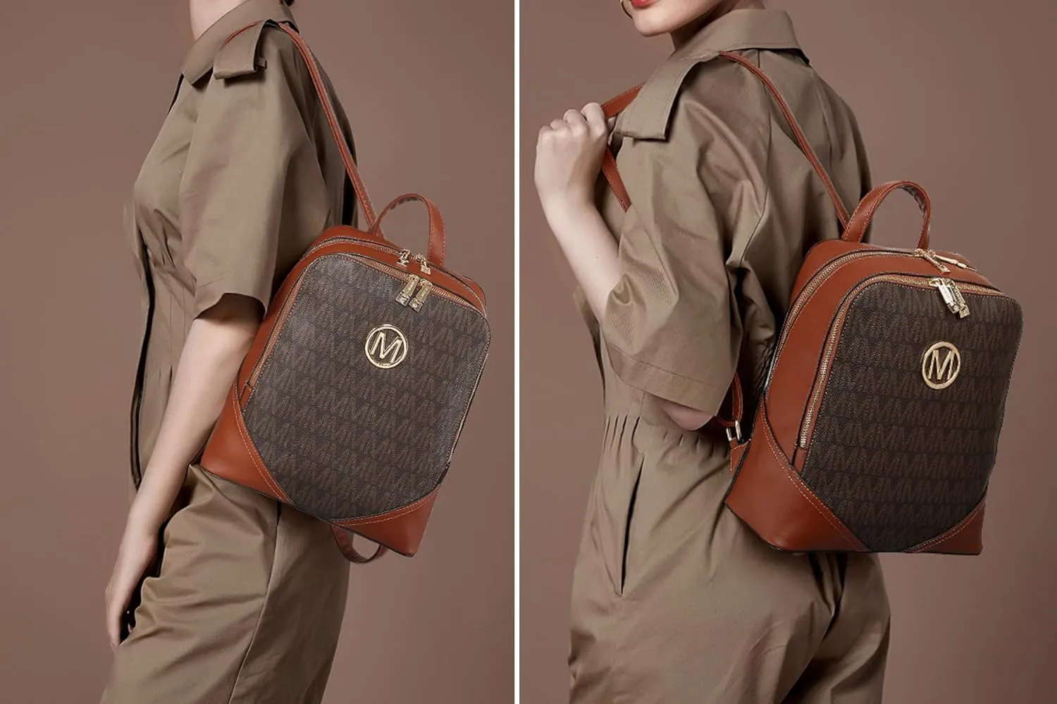 MKP Women's Fashion Medium Backpack Purse Set - 2Pcs PU Leather Shoulder Bag with Double Zipper for Travel and Daily Use