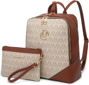 MKP Women's Fashion Medium Backpack Purse Set - 2Pcs PU Leather Shoulder Bag with Double Zipper for Travel and Daily Use