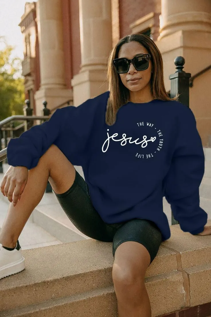 MOUSYA Jesus Oversized Sweatshirt Woman Christian Sweater Jesus The Way The Truth The Life Shirt Religious Long Sleeve Tops