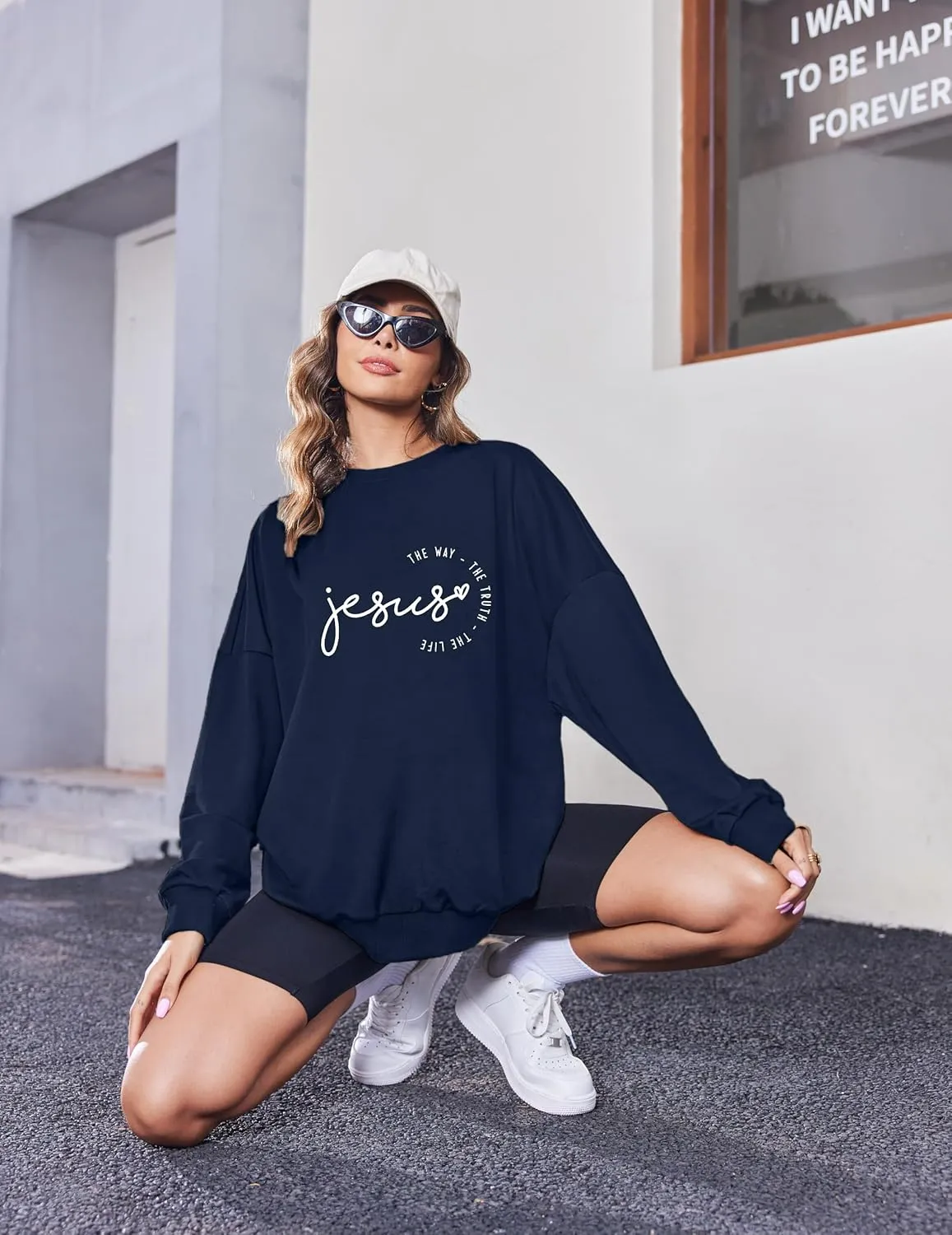 MOUSYA Jesus Oversized Sweatshirt Woman Christian Sweater Jesus The Way The Truth The Life Shirt Religious Long Sleeve Tops