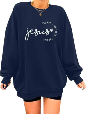 MOUSYA Jesus Oversized Sweatshirt Woman Christian Sweater Jesus The Way The Truth The Life Shirt Religious Long Sleeve Tops