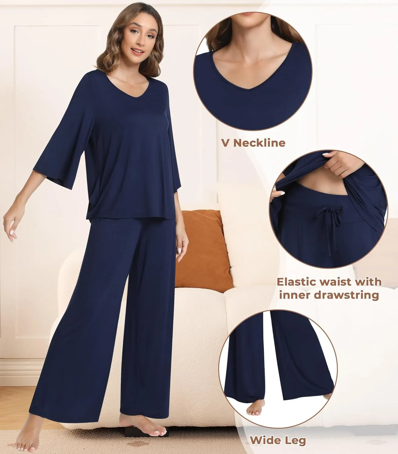 NACHILA Women's Pajamas Set 3/4 Sleeves Pjs V Neck Sleepwear Soft Loungewear with Wide Leg Pants, Viscose Made from Bamboo