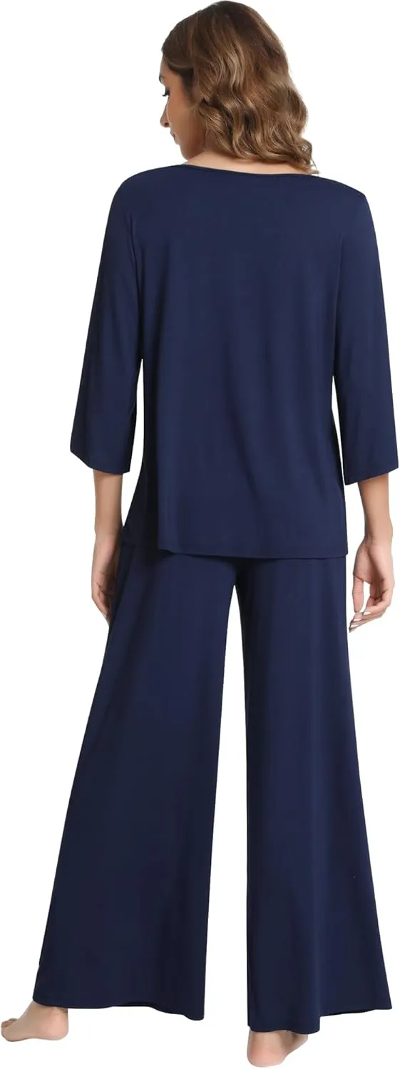 NACHILA Women's Pajamas Set 3/4 Sleeves Pjs V Neck Sleepwear Soft Loungewear with Wide Leg Pants, Viscose Made from Bamboo