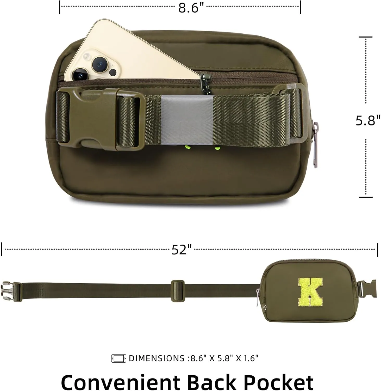 Naiivi Fanny Pack For Teen Girls Belt Bag For Kids With Initial Letter K Crossbody Bag Fashionable Waist Bag Waterproof Nylon Olive Green