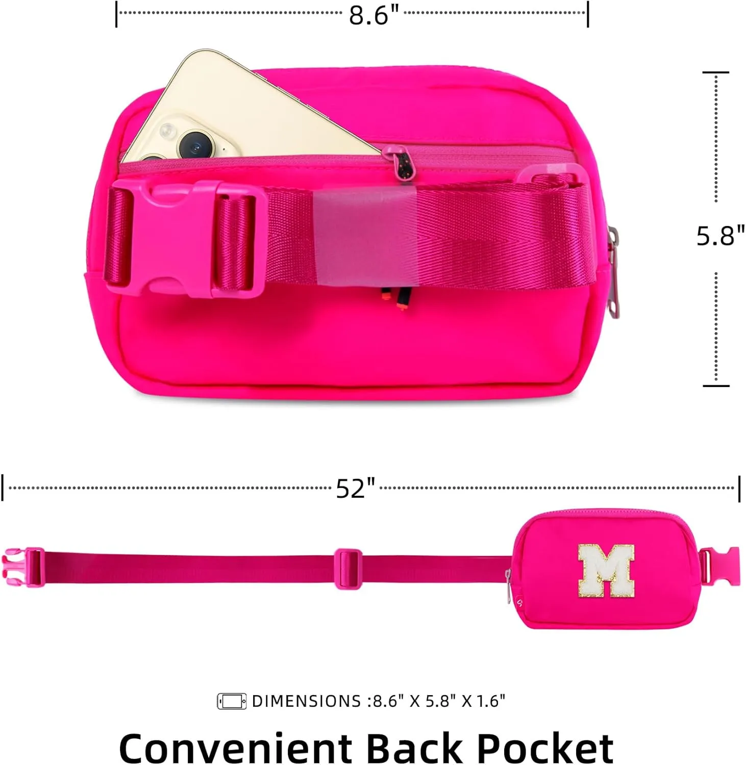 Naiivi Fanny Pack For Teen Girls Belt Bag For Kids With Initial Letter M Crossbody Bag Fashionable Waist Bag Waterproof Nylon Hot Pink