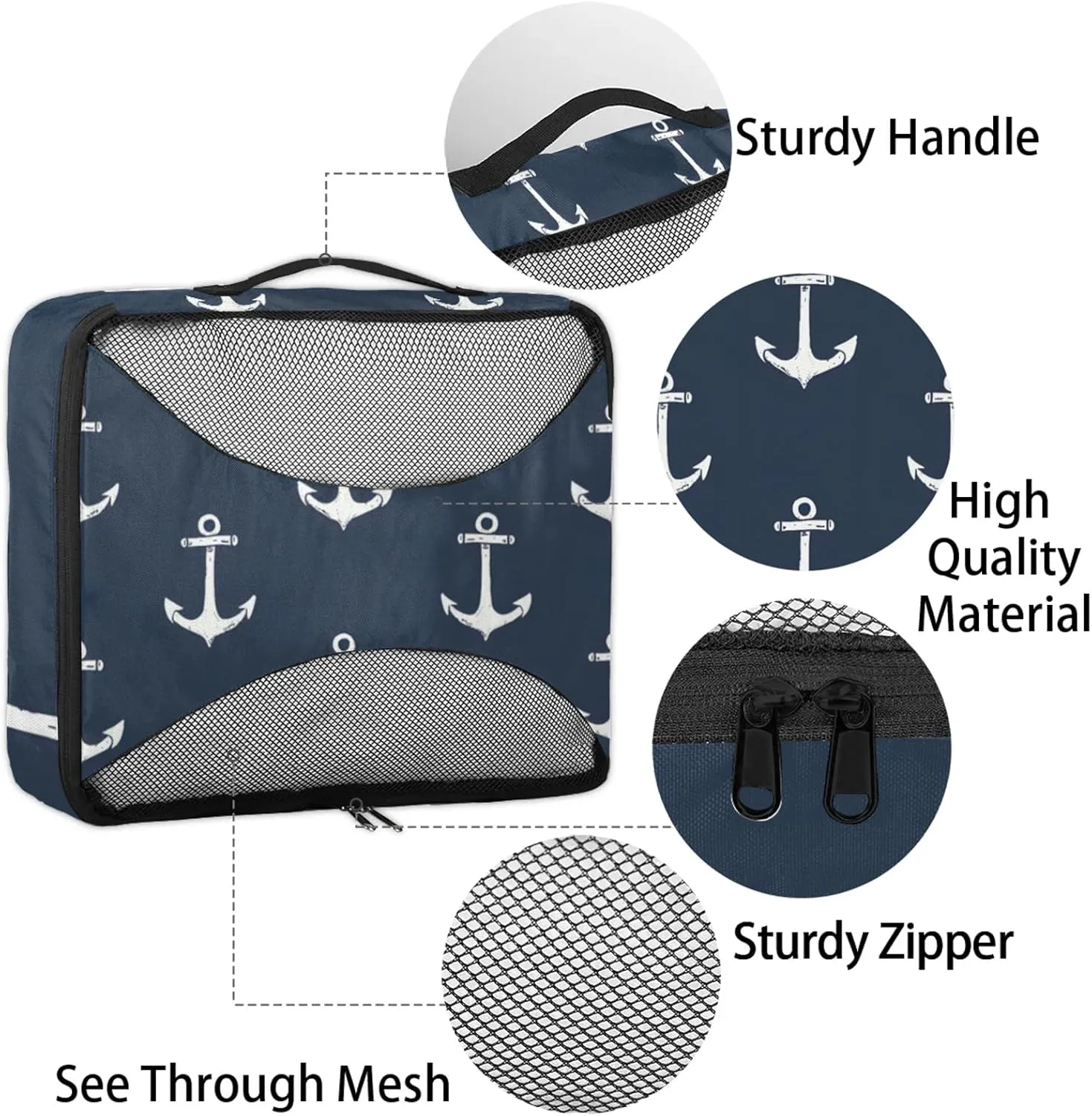 Nautical Navy Blue Anchor 4 Pack Packing Cubes for Travel Lightweight Luggage Organizer Bag for Men Women Suitcase Packing Bags Set for Travel Essentials