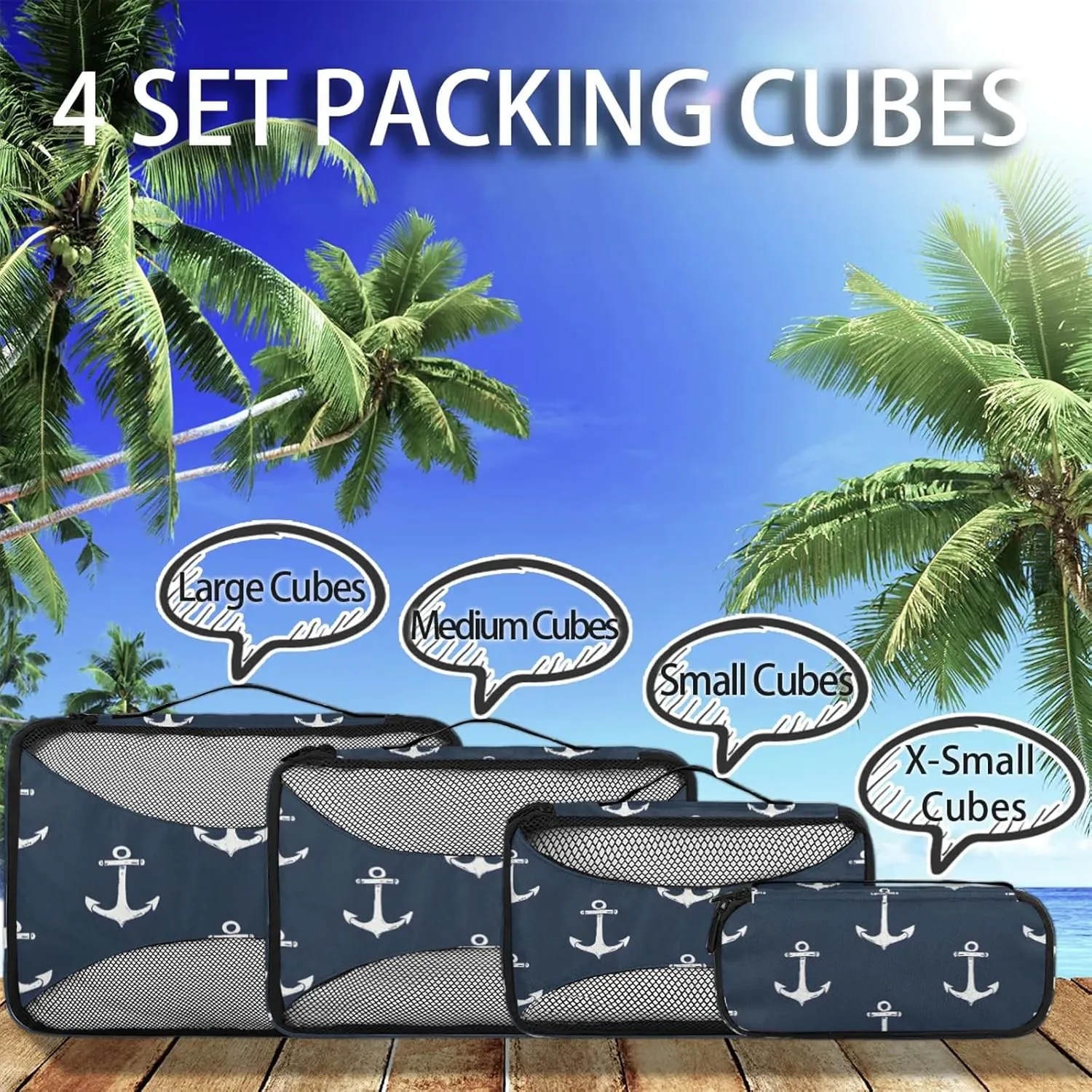 Nautical Navy Blue Anchor 4 Pack Packing Cubes for Travel Lightweight Luggage Organizer Bag for Men Women Suitcase Packing Bags Set for Travel Essentials