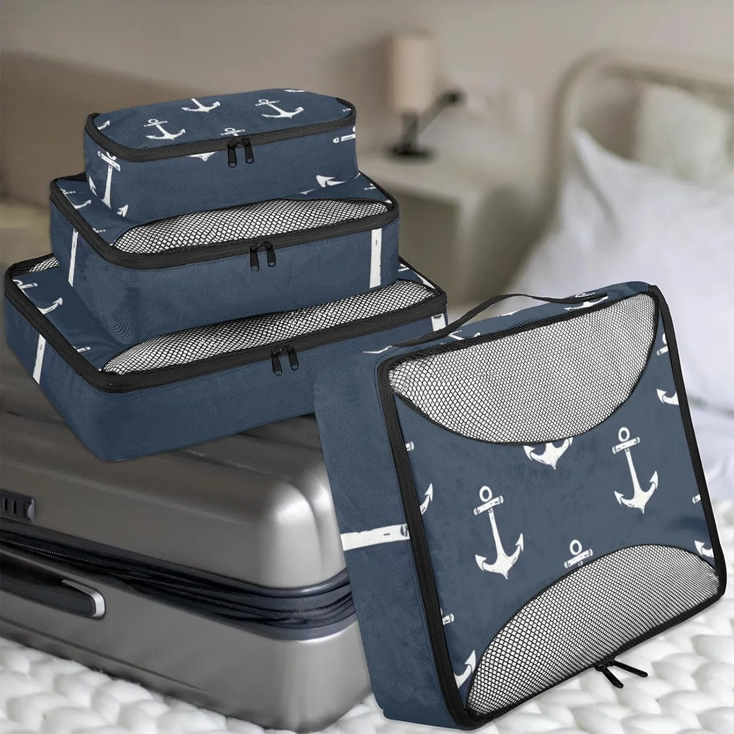 Nautical Navy Blue Anchor 4 Pack Packing Cubes for Travel Lightweight Luggage Organizer Bag for Men Women Suitcase Packing Bags Set for Travel Essentials