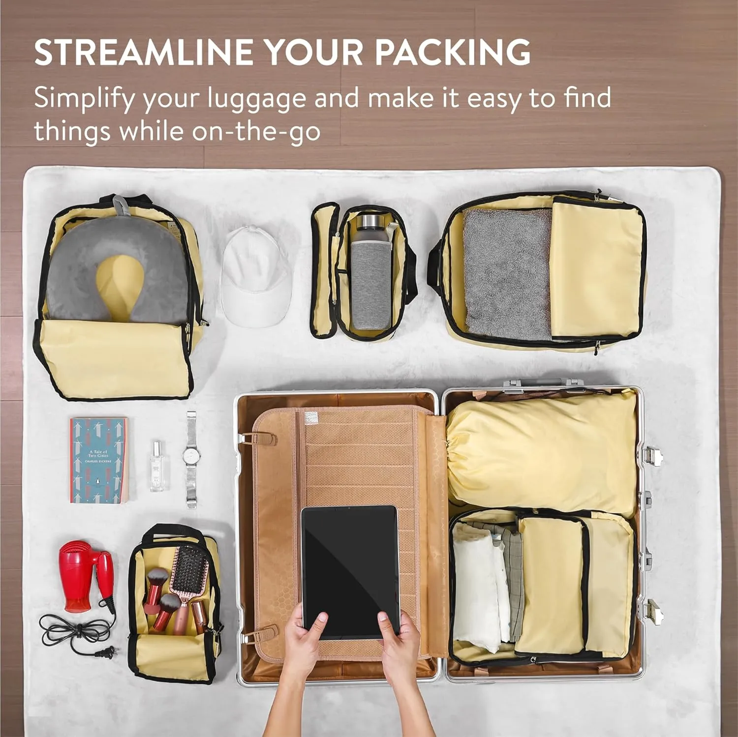Navaris Compression Packing Cubes Set of 6 - Compressible Travel Bags for Packing Many Sizes - Lightweight Compression Travel Organizer Suitcase Carry On Luggage Backpacks - Beige